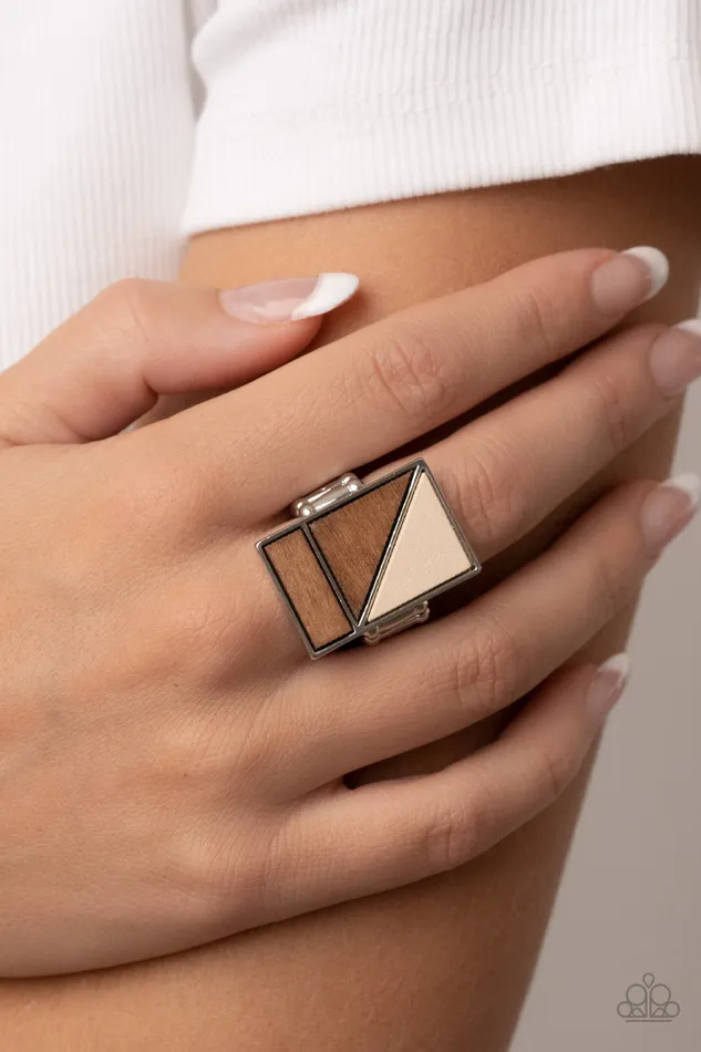 Rings Paparazzi Accessories Happily EVERGREEN After Brown Wooden Geometric Silver Ring Paparazzi