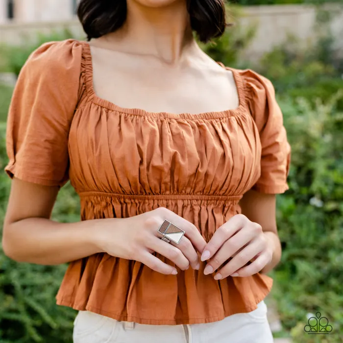 Rings Paparazzi Accessories Happily EVERGREEN After Brown Wooden Geometric Silver Ring Paparazzi