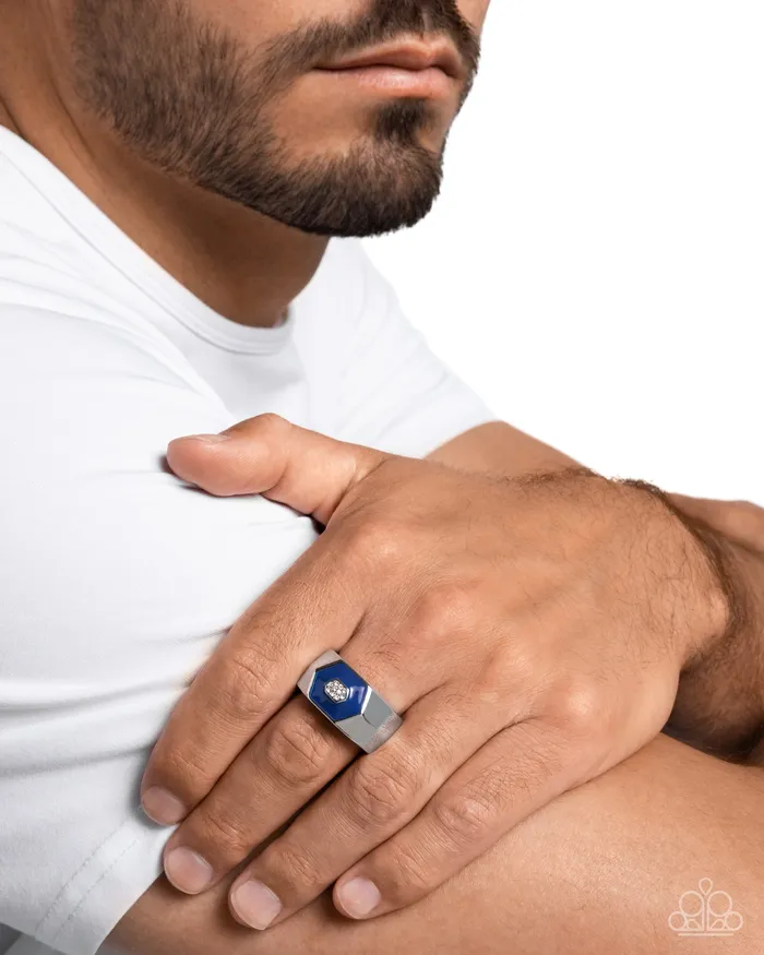 Rings Paparazzi Accessories Hexagonal Headliner Blue Painted White Rhinestone Silver Mens Ring Paparazzi