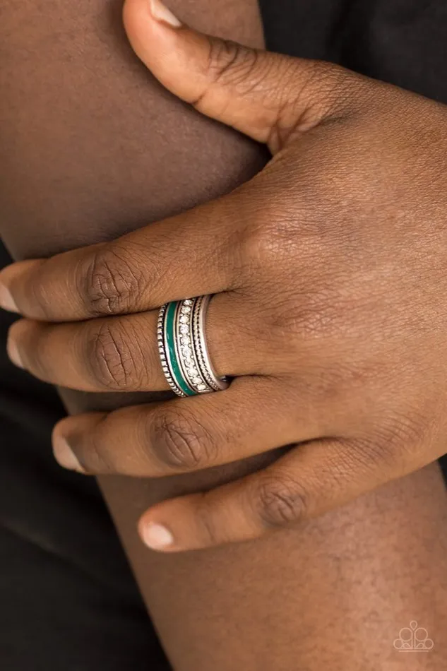 Rings Paparazzi Accessories Rich Rogue Green Stripe White Rhinestone Silver Ring Paparazzi
