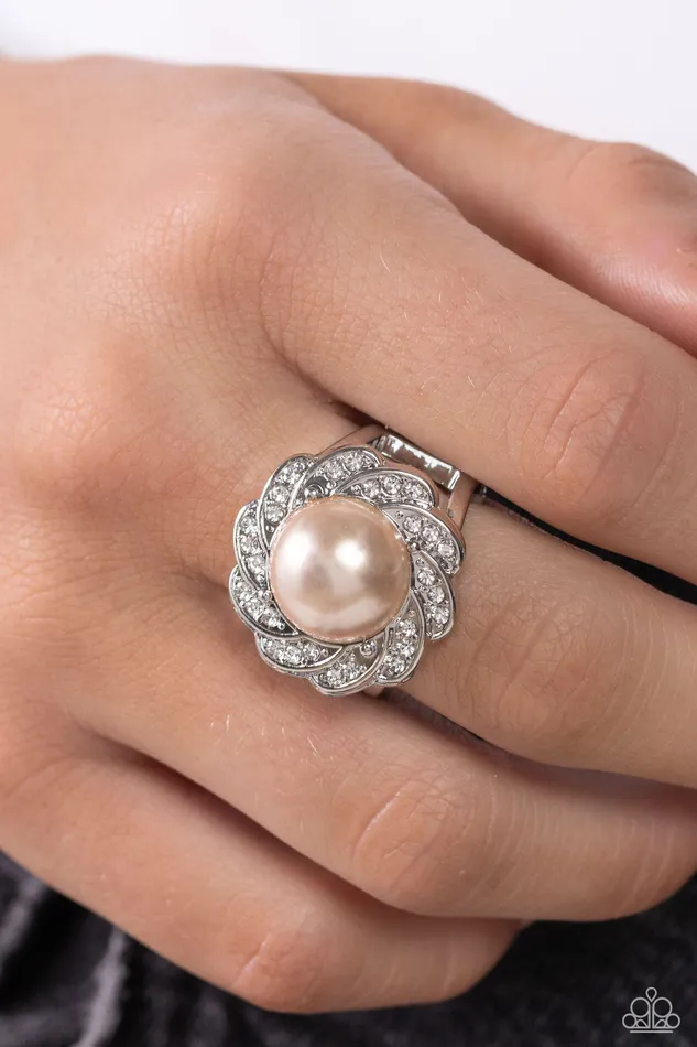 Rings Paparazzi Accessories Storybook Ending Brown Pearl Silver Floral Ring Paparazzi