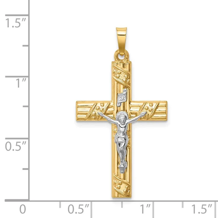 Rings Qgold 14k Twotone 18 mm Hollow Polished Textured Striped Latin Crucifix 108 grams