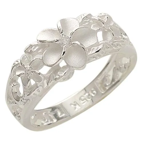 Rings Sterling Silver Hawaiian Scroll Three Plumeria with CZ Ring Nakoa