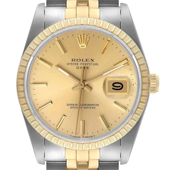 Rolex Rings Ladies Rolex 26mm Date 18K Yellow Gold Two Tone Watch with Champagne Dial and Fluted Bezel PreOwned 69173