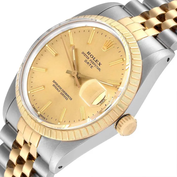 Rolex Rings Ladies Rolex 26mm Date 18K Yellow Gold Two Tone Watch with Champagne Dial and Fluted Bezel PreOwned 69173