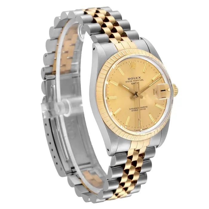 Rolex Rings Ladies Rolex 26mm Date 18K Yellow Gold Two Tone Watch with Champagne Dial and Fluted Bezel PreOwned 69173