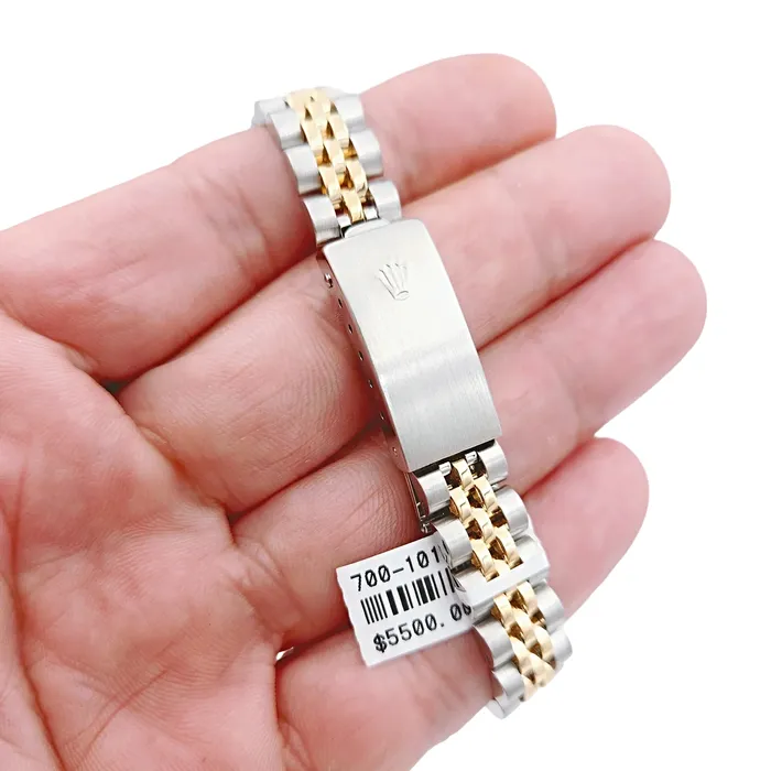Rolex Rings Ladies Rolex 26mm Date 18K Yellow Gold Two Tone Watch with Champagne Dial and Fluted Bezel PreOwned 69173