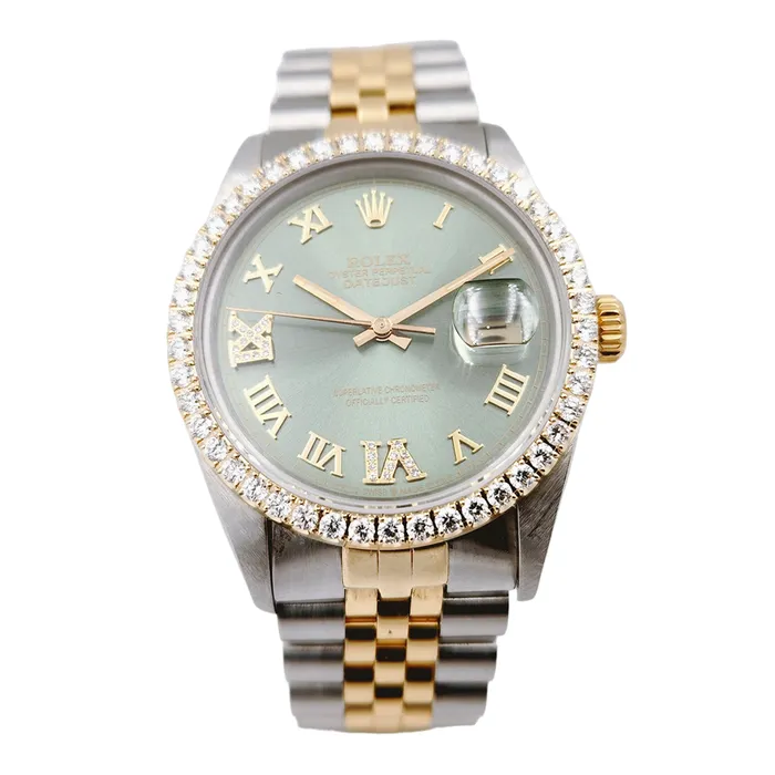 Rolex Rings Mens Rolex 36mm DateJust Two Tone 18K Yellow Gold Stainless Steel Watch with Green Dial and Diamond Bezel PreOwned 16013