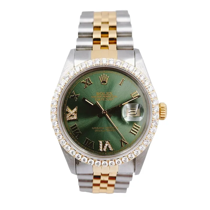 Rolex Rings Mens Rolex 36mm DateJust Two Tone 18K Yellow Gold Stainless Steel Watch with Green Dial and Diamond Bezel PreOwned 16013