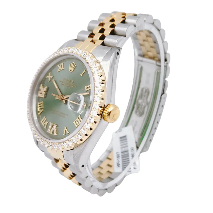 Rolex Rings Mens Rolex 36mm DateJust Two Tone 18K Yellow Gold Stainless Steel Watch with Green Dial and Diamond Bezel PreOwned 16013