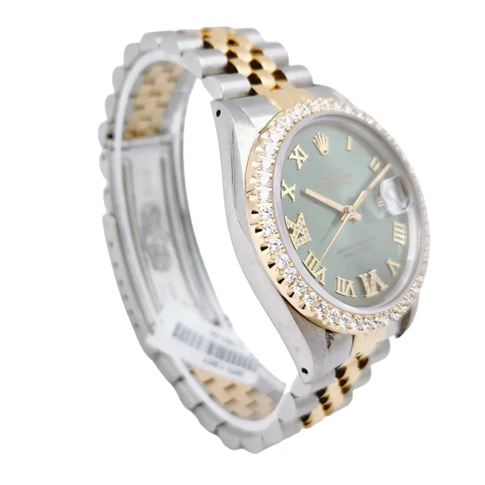 Rolex Rings Mens Rolex 36mm DateJust Two Tone 18K Yellow Gold Stainless Steel Watch with Green Dial and Diamond Bezel PreOwned 16013