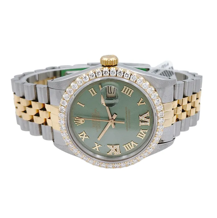 Rolex Rings Mens Rolex 36mm DateJust Two Tone 18K Yellow Gold Stainless Steel Watch with Green Dial and Diamond Bezel PreOwned 16013