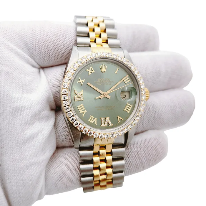 Rolex Rings Mens Rolex 36mm DateJust Two Tone 18K Yellow Gold Stainless Steel Watch with Green Dial and Diamond Bezel PreOwned 16013