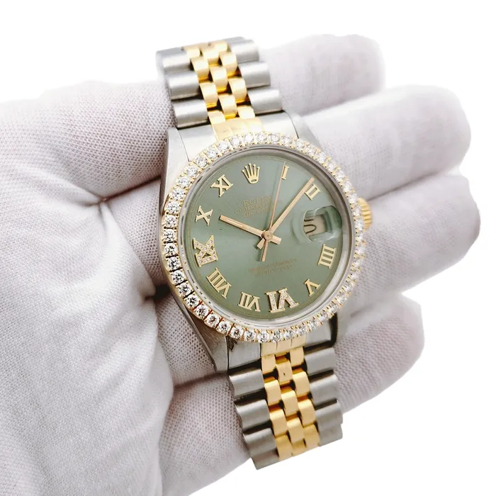 Rolex Rings Mens Rolex 36mm DateJust Two Tone 18K Yellow Gold Stainless Steel Watch with Green Dial and Diamond Bezel PreOwned 16013