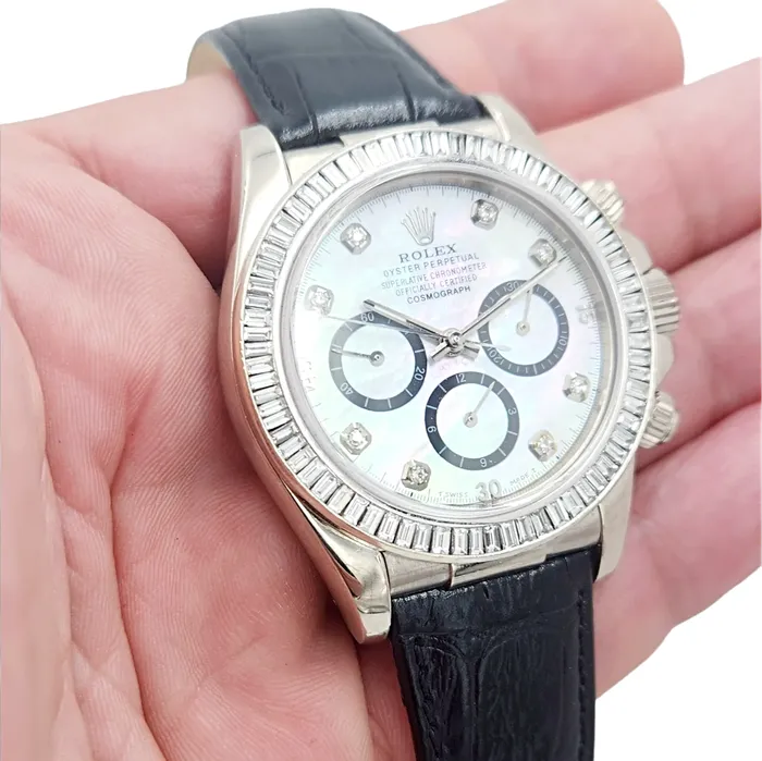Rolex Rings Mens Rolex Daytona 40mm Leather Band Watch with Mother of Pearl Diamond Dial and Diamond Bezel PreOwned 116518