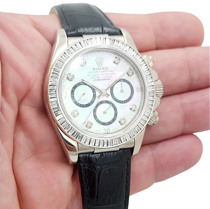 Rolex Rings Mens Rolex Daytona 40mm Leather Band Watch with Mother of Pearl Diamond Dial and Diamond Bezel PreOwned 116518