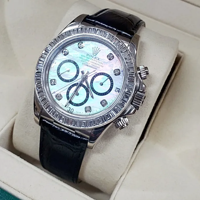 Rolex Rings Mens Rolex Daytona 40mm Leather Band Watch with Mother of Pearl Diamond Dial and Diamond Bezel PreOwned 116518