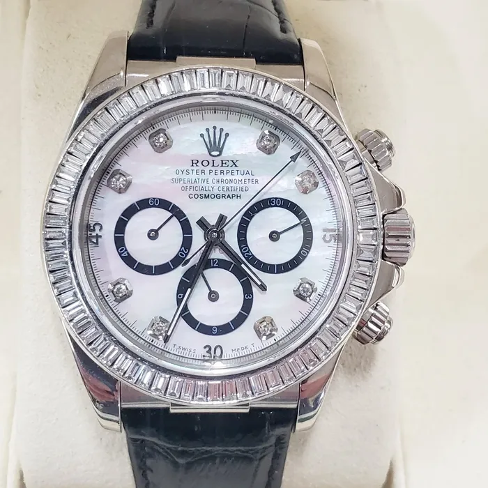 Rolex Rings Mens Rolex Daytona 40mm Leather Band Watch with Mother of Pearl Diamond Dial and Diamond Bezel PreOwned 116518