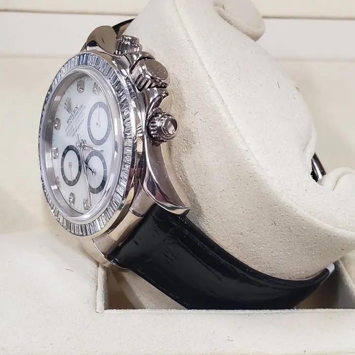 Rolex Rings Mens Rolex Daytona 40mm Leather Band Watch with Mother of Pearl Diamond Dial and Diamond Bezel PreOwned 116518