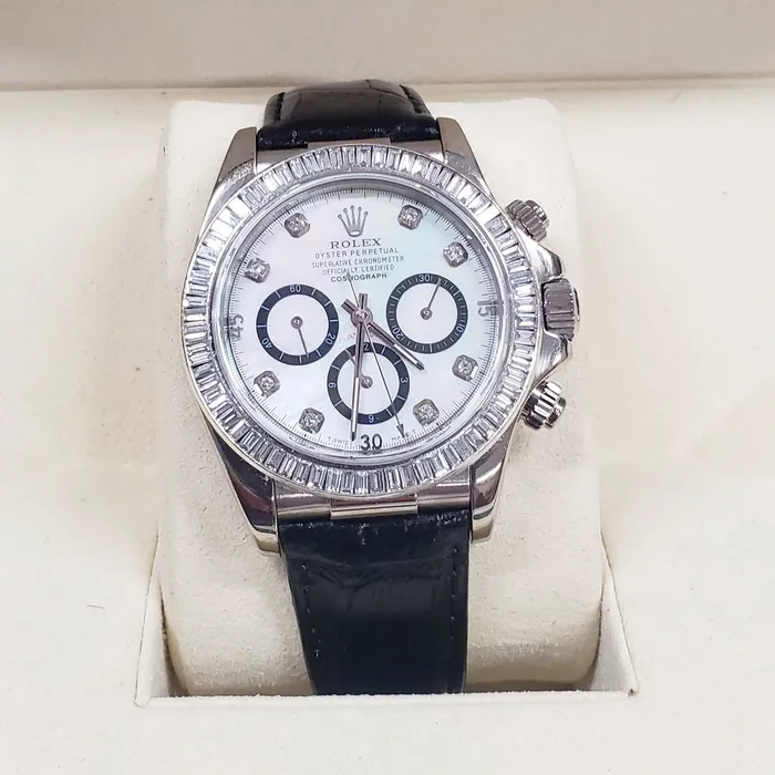 Rolex Rings Mens Rolex Daytona 40mm Leather Band Watch with Mother of Pearl Diamond Dial and Diamond Bezel PreOwned 116518