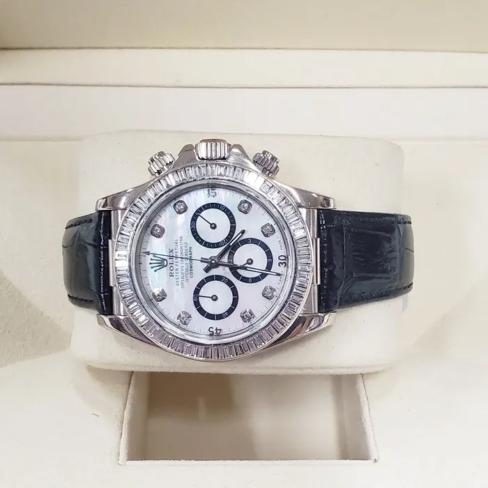 Rolex Rings Mens Rolex Daytona 40mm Leather Band Watch with Mother of Pearl Diamond Dial and Diamond Bezel PreOwned 116518