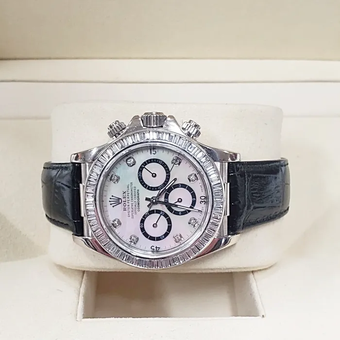 Rolex Rings Mens Rolex Daytona 40mm Leather Band Watch with Mother of Pearl Diamond Dial and Diamond Bezel PreOwned 116518