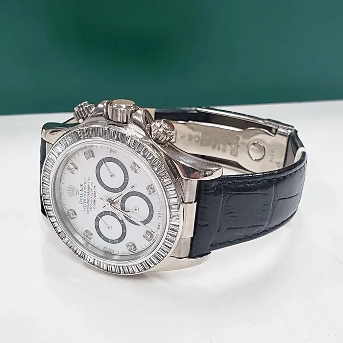 Rolex Rings Mens Rolex Daytona 40mm Leather Band Watch with Mother of Pearl Diamond Dial and Diamond Bezel PreOwned 116518