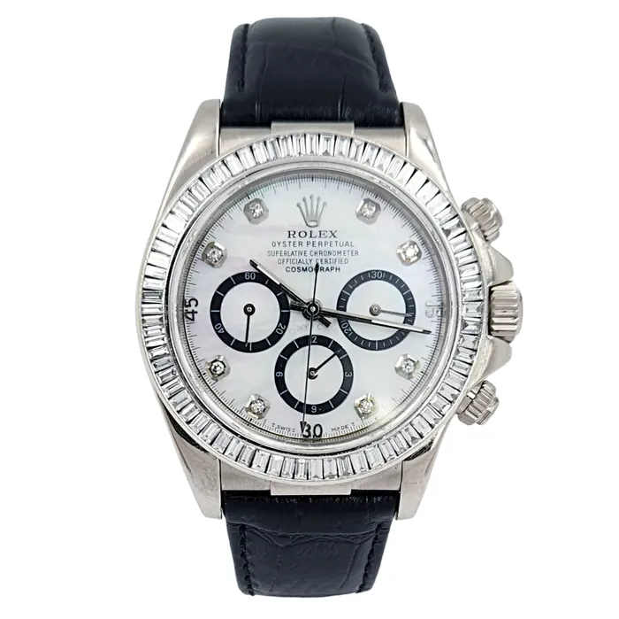 Rolex Rings Mens Rolex Daytona 40mm Leather Band Watch with Mother of Pearl Diamond Dial and Diamond Bezel PreOwned 116518