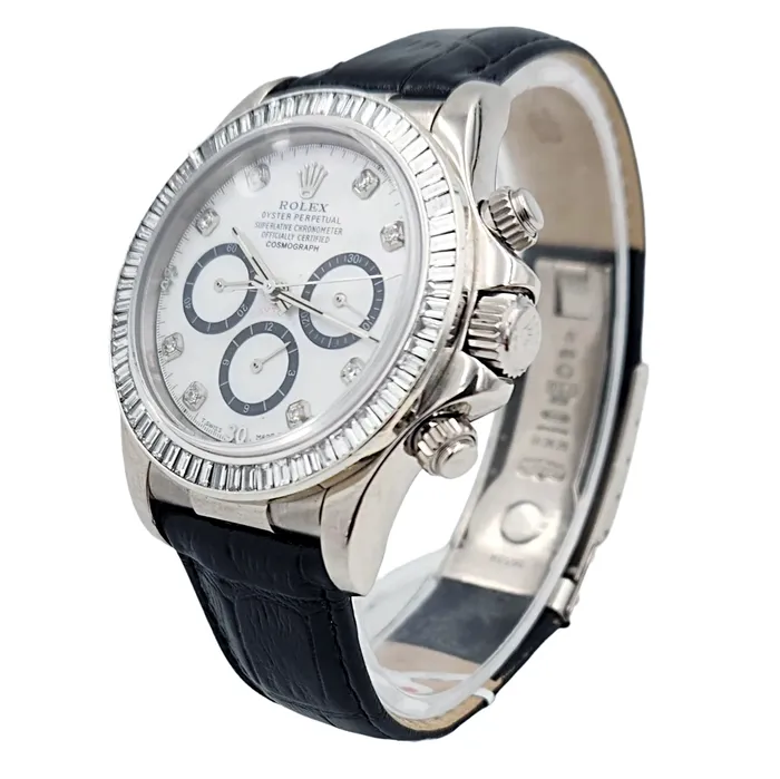 Rolex Rings Mens Rolex Daytona 40mm Leather Band Watch with Mother of Pearl Diamond Dial and Diamond Bezel PreOwned 116518