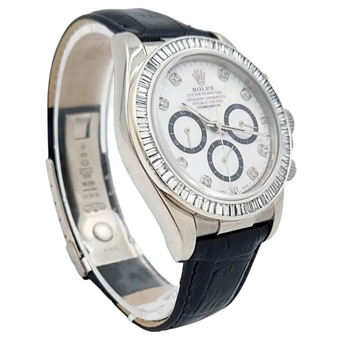 Rolex Rings Mens Rolex Daytona 40mm Leather Band Watch with Mother of Pearl Diamond Dial and Diamond Bezel PreOwned 116518