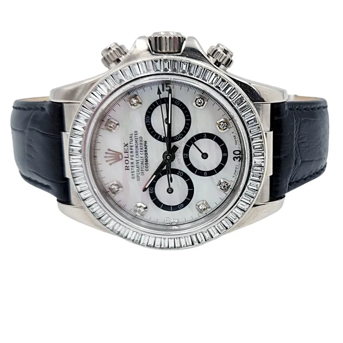Rolex Rings Mens Rolex Daytona 40mm Leather Band Watch with Mother of Pearl Diamond Dial and Diamond Bezel PreOwned 116518