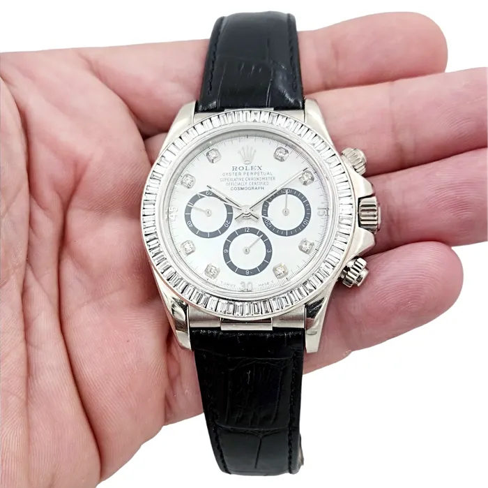 Rolex Rings Mens Rolex Daytona 40mm Leather Band Watch with Mother of Pearl Diamond Dial and Diamond Bezel PreOwned 116518
