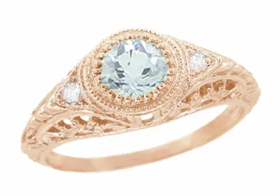 Rose Gold Engraved Filigree Art Deco Aquamarine Low Dome Engagement Ring with Side Diamonds Antique Jewelry Mall Rings Rose Gold Engraved Filigree Art Deco Aquamarine Low Dome Engagement Ring with Side Diamonds Antique Jewelry Mall Rings