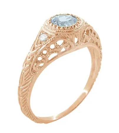 Rose Gold Engraved Filigree Art Deco Aquamarine Low Dome Engagement Ring with Side Diamonds Antique Jewelry Mall Rings