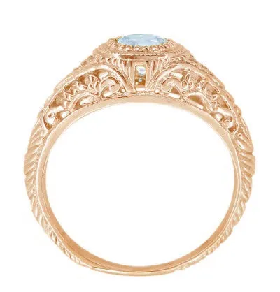 Rose Gold Engraved Filigree Art Deco Aquamarine Low Dome Engagement Ring with Side Diamonds Antique Jewelry Mall Rings