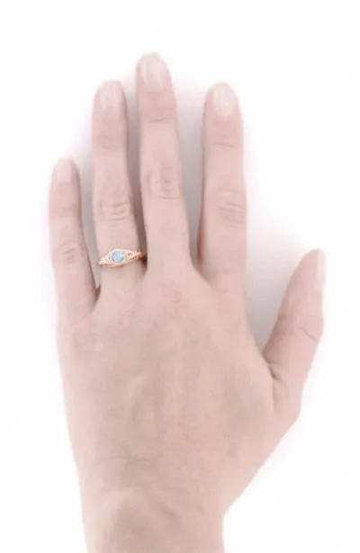 Rose Gold Engraved Filigree Art Deco Aquamarine Low Dome Engagement Ring with Side Diamonds Antique Jewelry Mall Rings