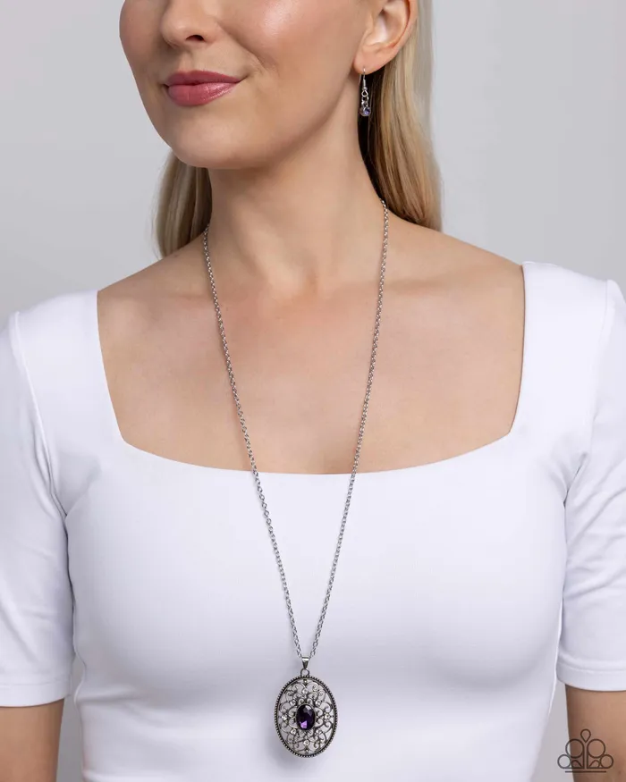 Sonata Swing Purple Gem Silver Oval Long Necklace Paparazzi Paparazzi Accessories Necklaces