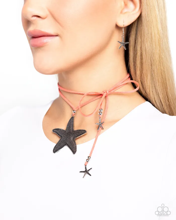 Starfish Sentiment Orange Suede Silver Starfish Tie Necklace Paparazzi Paparazzi Accessories Necklaces