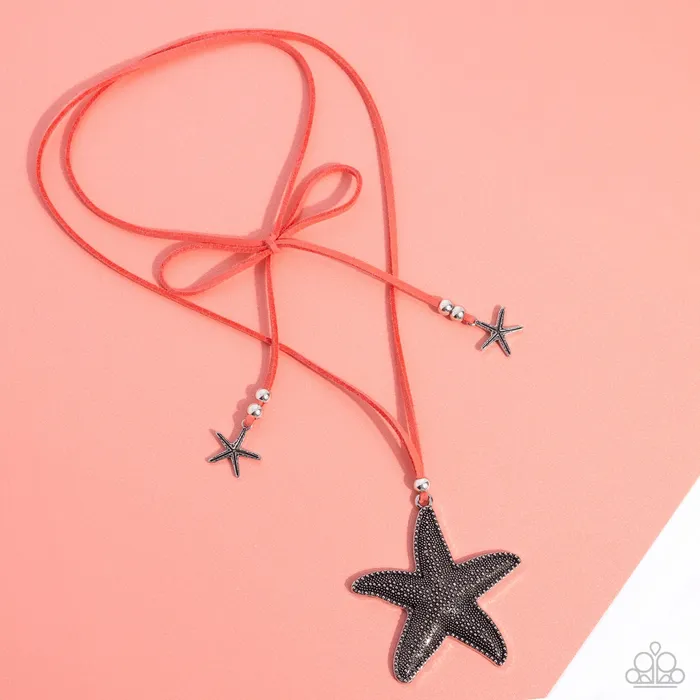 Starfish Sentiment Orange Suede Silver Starfish Tie Necklace Paparazzi Paparazzi Accessories Necklaces