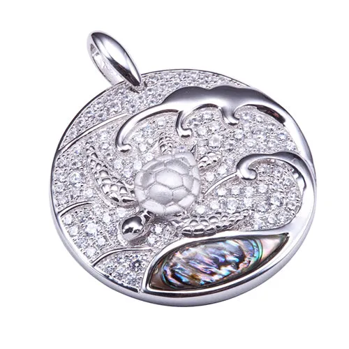 Sterling Silver Pave CZ Circle Pendant with Swimming Sea Turtle and Abalone Inlay WaveChain Sold Separately Nakoa Jeweler Necklaces Sterling Silver Pave CZ Circle Pendant with Swimming Sea Turtle and Abalone Inlay WaveChain Sold Separately Nakoa Jeweler Necklaces