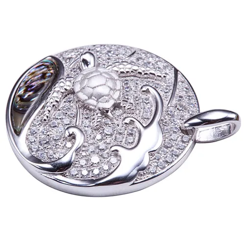 Sterling Silver Pave CZ Circle Pendant with Swimming Sea Turtle and Abalone Inlay WaveChain Sold Separately Nakoa Jeweler Necklaces Sterling Silver Pave CZ Circle Pendant with Swimming Sea Turtle and Abalone Inlay WaveChain Sold Separately Nakoa Jeweler Necklaces