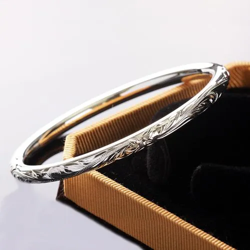 Sterling Silver Scrolling Plumeria Engraving Round Band Bangle One Tone 55mm Nakoa Rings Sterling Silver Scrolling Plumeria Engraving Round Band Bangle One Tone 55mm Nakoa Rings