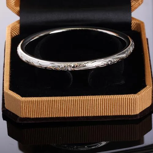 Sterling Silver Scrolling Plumeria Engraving Round Band Bangle One Tone 55mm Nakoa Rings
