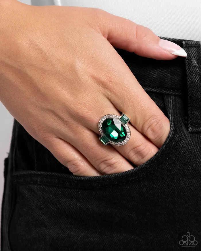 Stubborn Shimmer Green Gem Silver Oval Ring Paparazzi Paparazzi Accessories Rings
