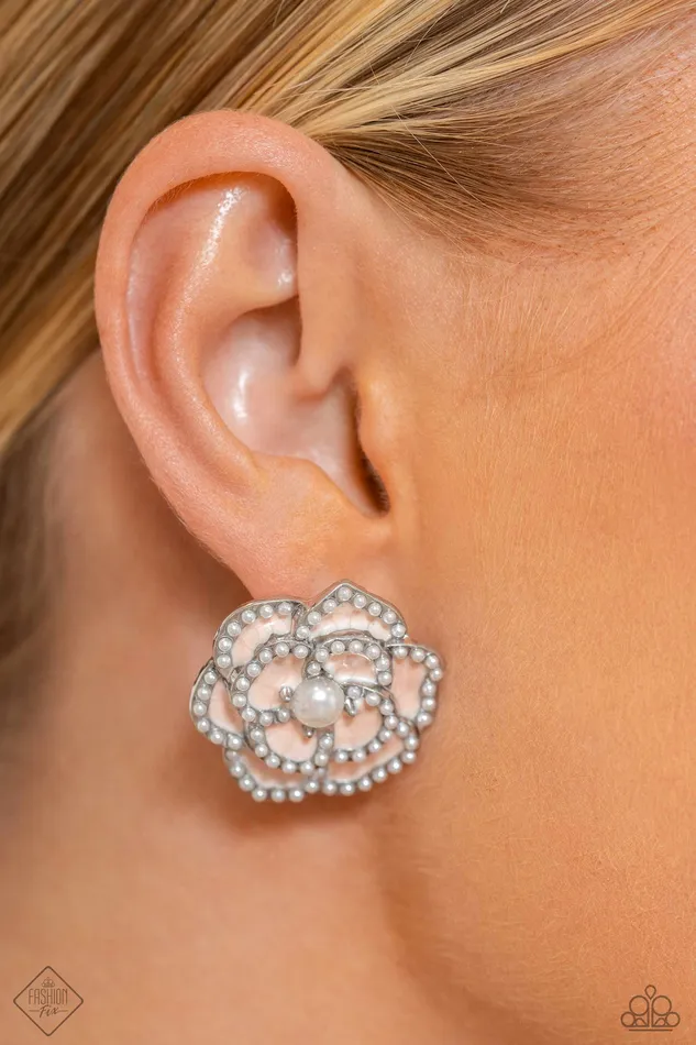 Suave Sensation White Pearl Flower Silver Post Earrings Paparazzi Fashion Fix January 2024 Paparazzi Accessories Earrings