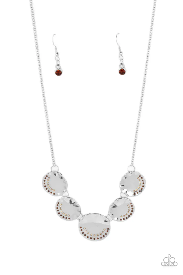 Swanky Shimmer Brown Rhinestone Silver Disc Short Necklace Paparazzi Paparazzi Accessories Necklaces