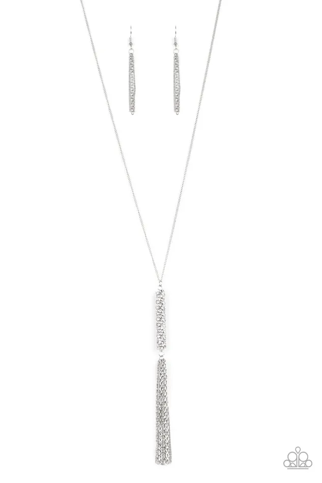 Towering Twinkle Paparazzi White Rhinestone Silver Long Pendant Tassel Necklace Paparazzi Accessories Necklaces