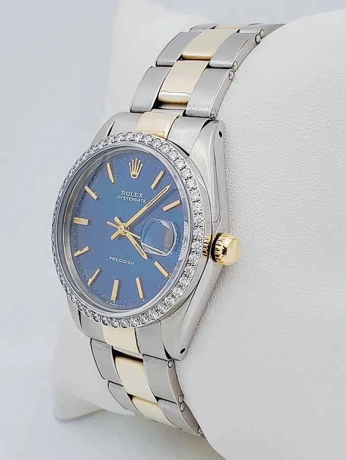 Unisex Rolex OysterDate 34mm Two Tone 14K Yellow Gold Stainless Steel Watch with Blue Dial and Custom Diamond Bezel PreOwned 6694 Rolex Rings Unisex Rolex OysterDate 34mm Two Tone 14K Yellow Gold Stainless Steel Watch with Blue Dial and Custom Diamond Bezel PreOwned 6694 Rolex Rings