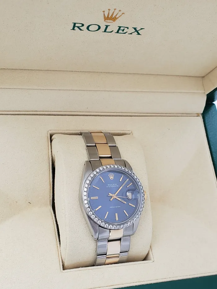 Unisex Rolex OysterDate 34mm Two Tone 14K Yellow Gold Stainless Steel Watch with Blue Dial and Custom Diamond Bezel PreOwned 6694 Rolex Rings