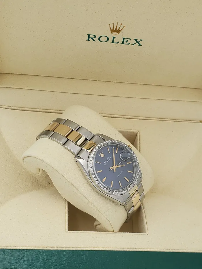 Unisex Rolex OysterDate 34mm Two Tone 14K Yellow Gold Stainless Steel Watch with Blue Dial and Custom Diamond Bezel PreOwned 6694 Rolex Rings